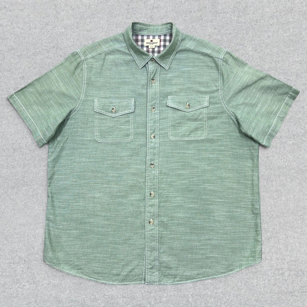 Woolrich Shirt Men's XL Green Button Up Short Sleeve Pockets Outdoor Hiking